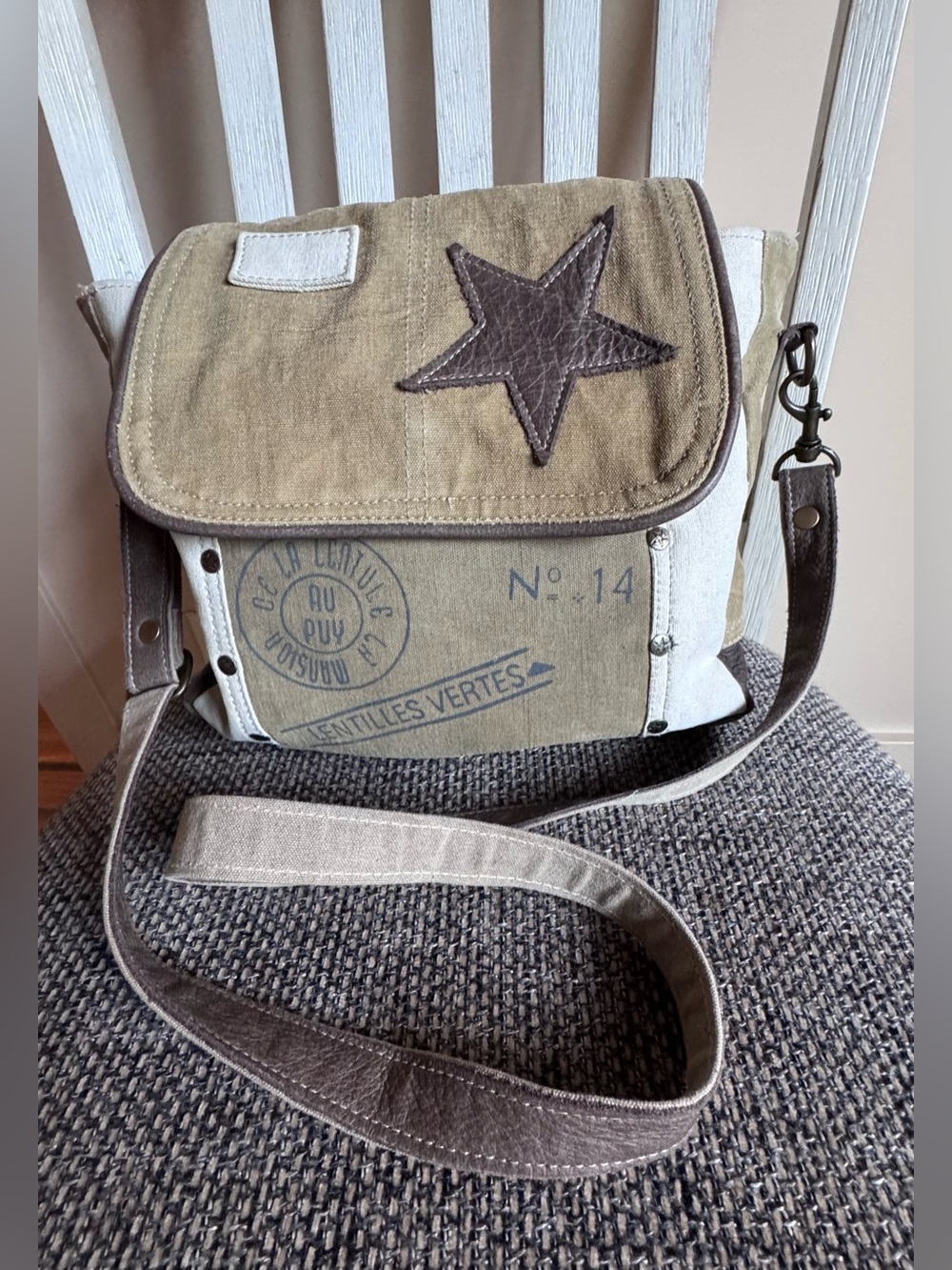Myra Bag Olive and Cream Canvas Messenger with Brown Star Patch